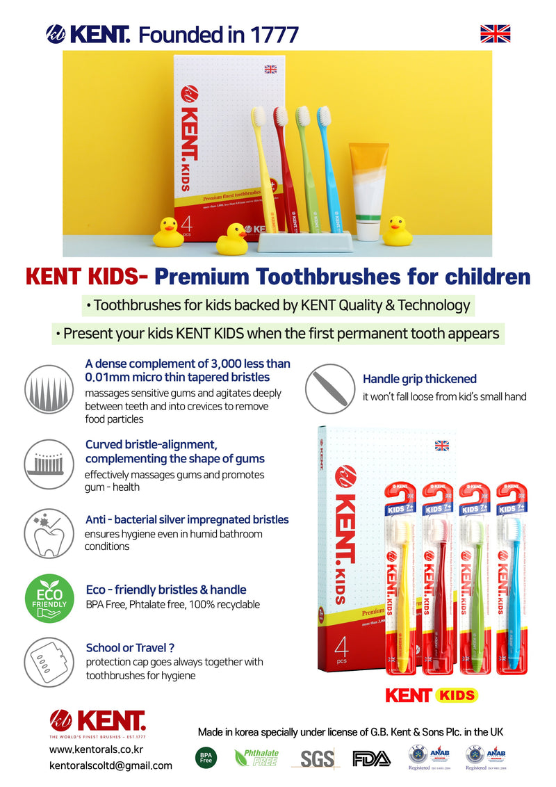 [KENT] KIDS Finest Soft Toothbrush for (Set of 4) Includes Ceramic Stand