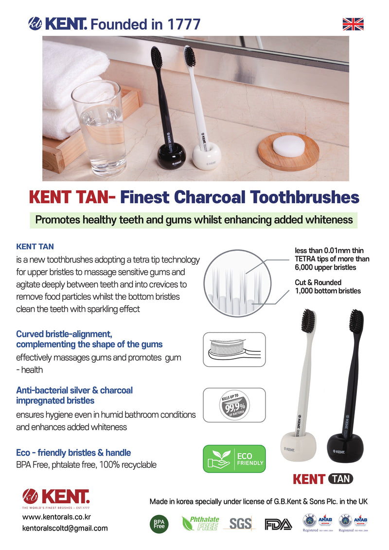 [KENT] TAN Soft Bristles Charcoal Toothbrush Teeth Whitening (Pair of Black & White)